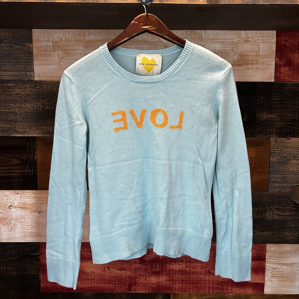 XOKR Kerri Rosenthal Sweater XSmall Heart Love Script Cotton  Blue